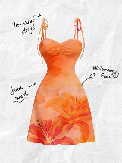 SHEIN MOD 大码女式休闲优雅系带收腰 A 字形紧身迷你连衣裙，适合夏季，夏威夷花卉印花，橙色芙蓉印花