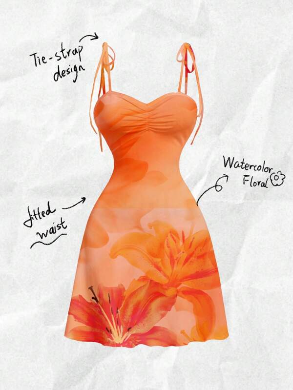 SHEIN MOD Women's Casual Elegant Tie Shoulder Front Ruched Cinched Waist A-Line Bodycon Short Dress, Suitable For Summer, Hawaiian/Hibiscus Floral Print, Orange,Summerbreak ,Brunch-Ready,Neon Beach Vibes Summer Dresses For Women