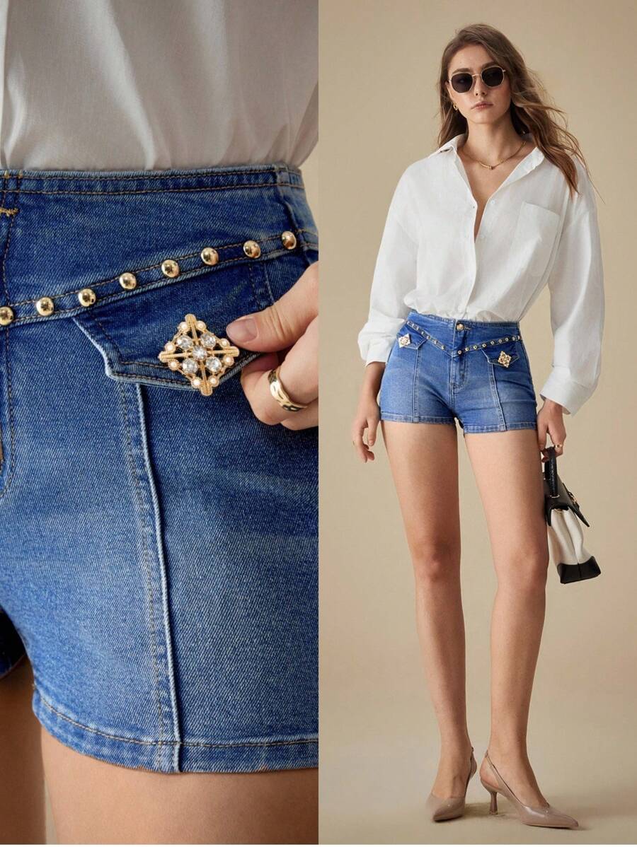 SHEIN BAE 女式休闲铆钉牛仔紧身短裤 - 深色水洗藍 - 查看 1