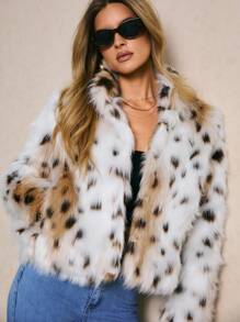Poéselle Women's Fashionable Leopard Print Faux Fur Coat, Autumn/Winter, Fur Jacket, Leopard Print Coat, Animal Print Coat, Faux Fur Jacket, Snow Leopard Coat - Black and White - View 8
