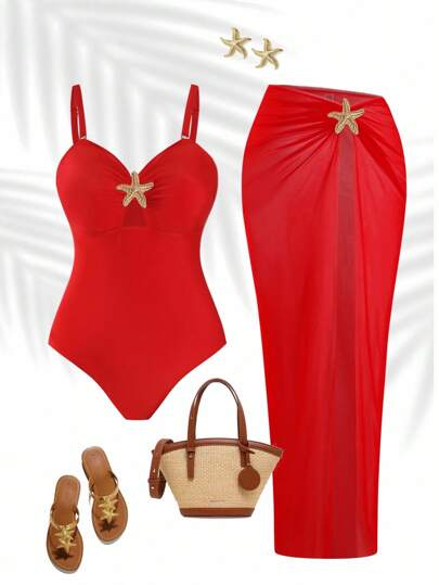 Swim Oasis Plus Size Women's Premium Oasis 2-Piece Red V-Neck Ruched Fitted Swimsuit With Matching Red High Slit Maxi Skirt, Summer Beach Vacation