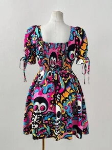 Sunspun Halloween Y2K Dark Skull Skeleton Subculture Short Sleeve Dress - Multicolor - View 5