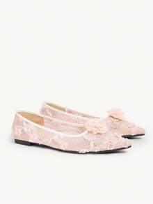 CUCCOO CHICEST 女士花卉尖头平底鞋，优雅甜美浪漫时尚舒适腮红粉色网眼礼服鞋，新娘婚礼宾客平底鞋，芭蕾平底鞋，适合婚礼、派对、约会、洛丽塔、生日、情人节 - 粉色 - 查看 10