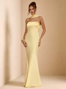 SHEIN BAE Elegant Pale Yellow Satin Halter Backless Maxi Dress For Women,Summer Dining Cocktail Party Wedding Guest Formal Occasion Bridesmaid Birthday Gown - Yellow - View 3