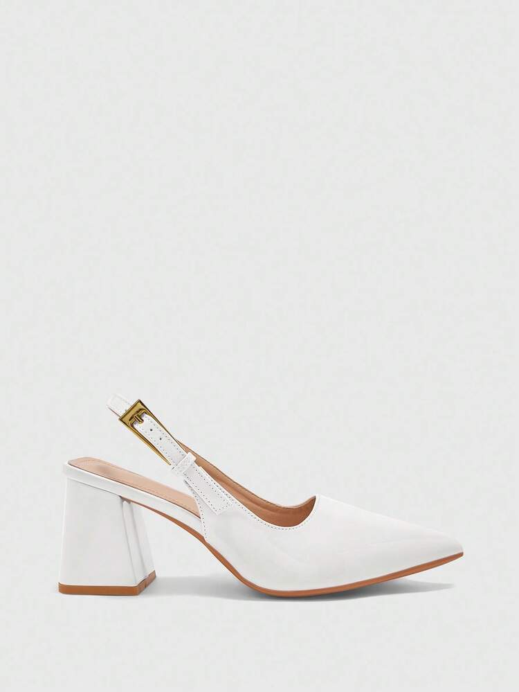 CUCCOO BIZCHIC Women's Fashion White Backstrap Side Buckle Chunky Heel Pointed Toe Mule Pumps, Suitable For Daily Commute, Dates, And Parties For Christmas Spring Shoes