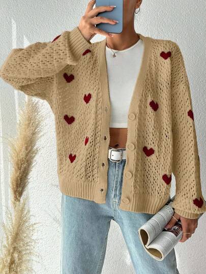 EURMUSE Kardigan jednorzędowy z odkrytymi ramionami i długim rękawem w kształcie serca w dużych rozmiarach dla kobiet