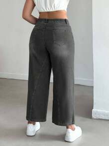 EURMUSE 大码弹性腰部膝盖褶皱直筒牛仔裤 - 淺灰色 - 查看 8