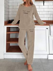 SHEIN Cottnline Women's Eyelashes Embroidery Fuzzy Pajama Set - Brown - View 4