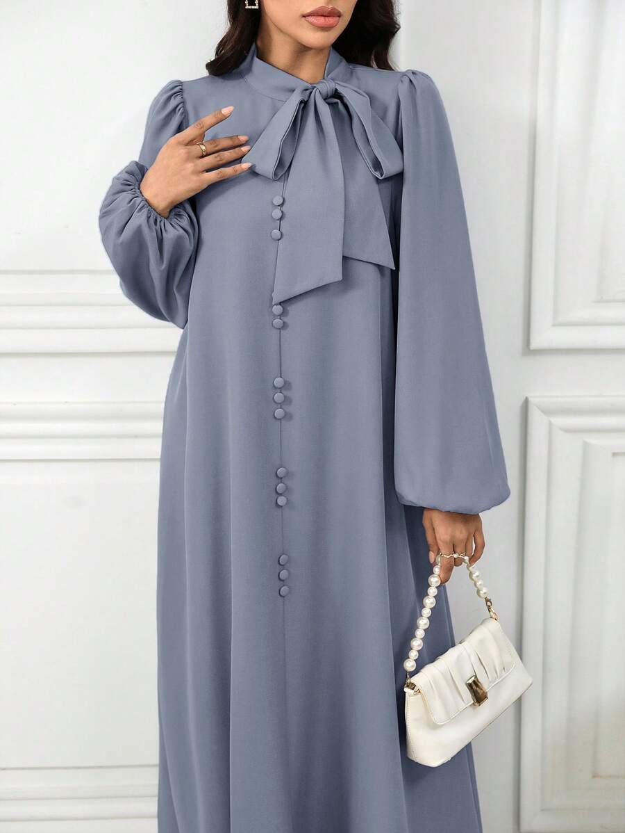 Al Najma 女士优雅纯色灯笼袖系带领阿拉伯连衣裙，适合秋季，端庄优雅的 A 字型阿拉伯连衣裙，适合休闲日常 - 藍色 - 查看 1