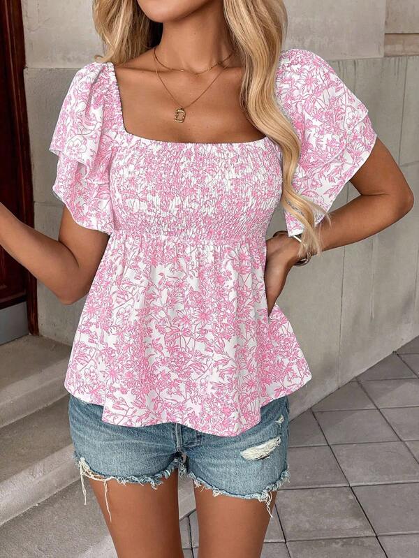 Pariaura Women's Casual Floral Print Ruffle Hem Shirt For Vacation
