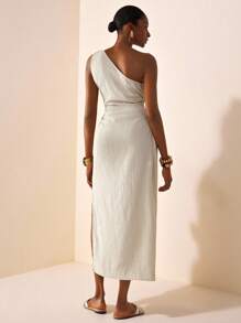 Zivah 2025 夏季新款休闲度假修身纯卡其色纹理编织单肩无袖侧褶女式长裙，通勤，海边，度假，旅行，邮轮，海滩，波西米亚风，游牧风，日常旅行，毕业，早午餐装，机场装，休闲，返校-A - 卡其色 - 查看 2