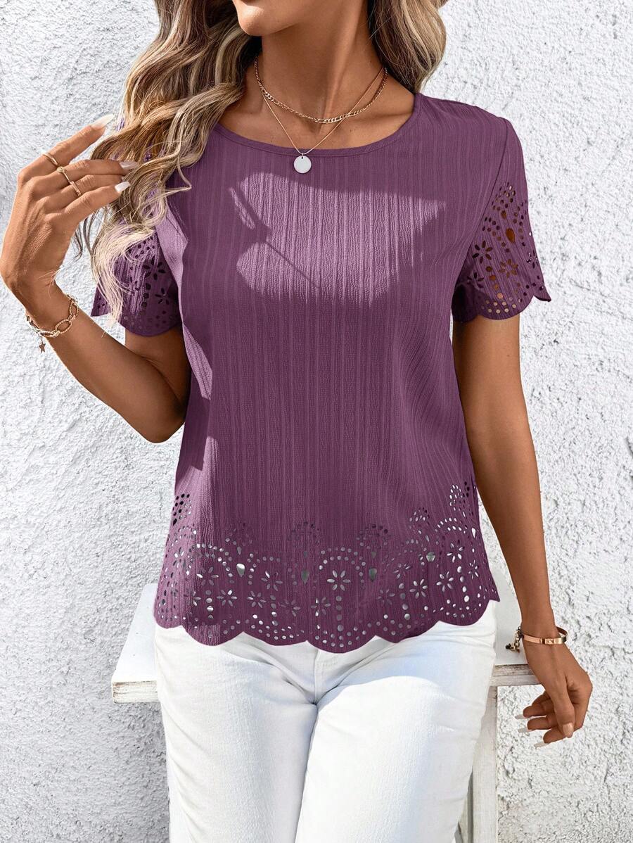 SHEIN Clasi Women's Casual Scoop Neck Short Sleeve Printed Shirt, Spring/Summer - Purple - View 1