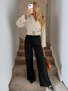 Easowa 双排扣收腰短款风衣，休闲优雅女士短款风衣 - 卡其色 - 查看 5