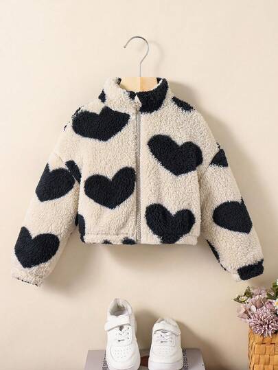 Chaqueta casual suelta de cuello alto con patrón de corazón tejida de manera esponjosa para niña joven, cálida y cómoda para otoño/invierno. Chaqueta tipo teddy de cuello alto con cremallera, manga larga, de forro polar, cálida y cómoda, ideal para uso casual, diario y escolar en otoño e invierno, para Navidad y Halloween.