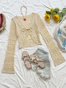 Soleia 女式杏色波西米亚开衫，适合节日、约会、下午茶、休闲、海滩、游轮、公路旅行、婚礼季、音乐节、波西米亚度假奶油色钩针上衣钩针开衫钩针系带上衣女式钩针服装秋冬田园风上衣 - 杏色 - 查看 7