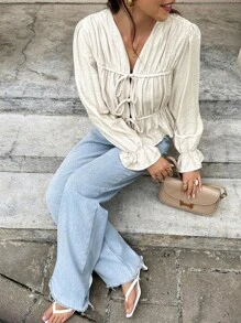 SHEIN Frenchy قميص نسائي كاجوال لليومية بأكمام طويلة وأربطة بسيطة - لون مشمشي - مشاهدة 4