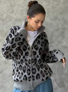 DAZY 豹纹宽松时尚百搭女士长袖拉链开衫 - 深灰色 - 查看 1