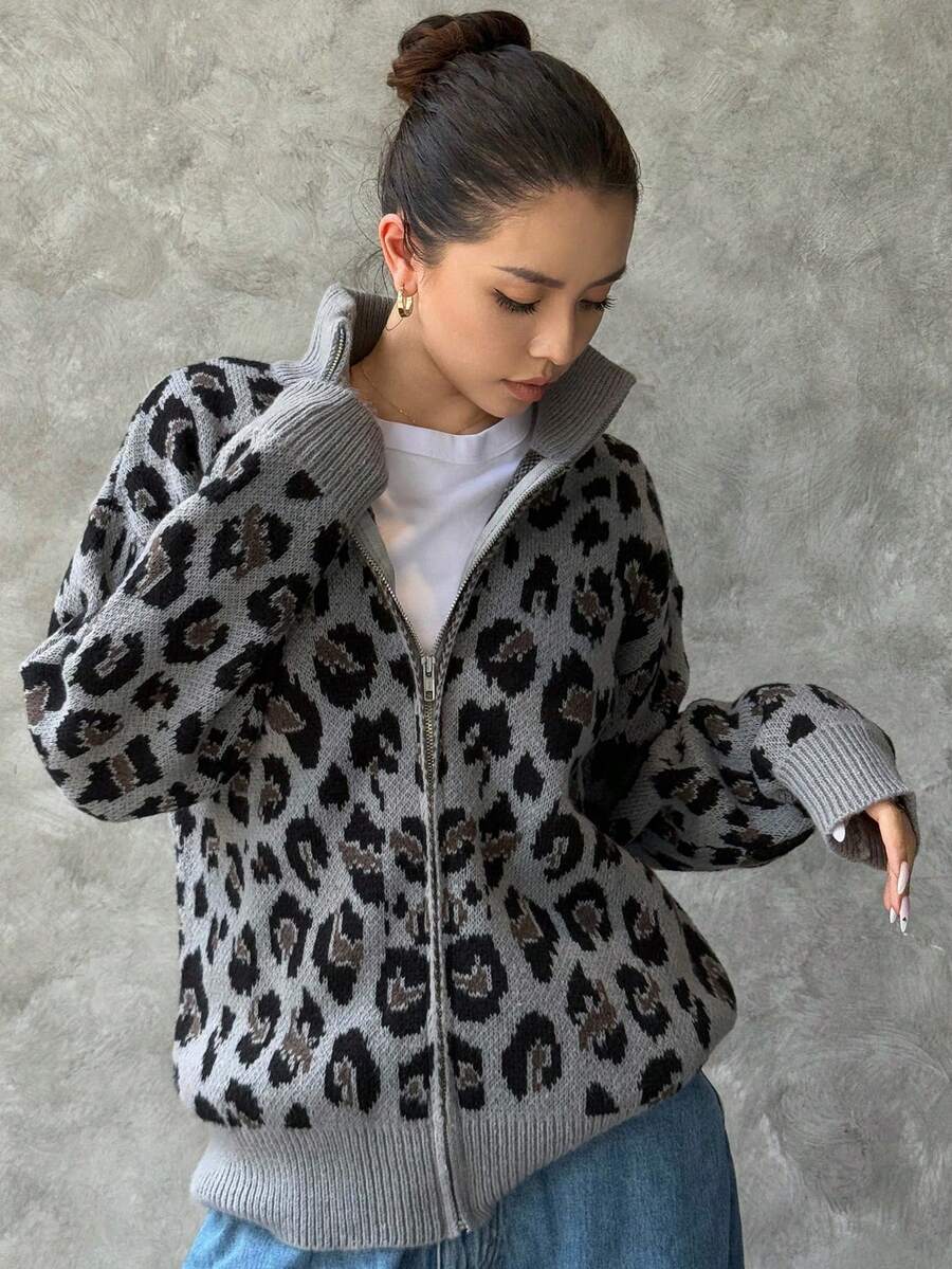 DAZY 豹纹宽松时尚百搭女士长袖拉链开衫 - 深灰色 - 查看 1