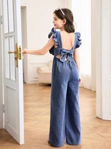 SHEIN Tween Girls Spring Summer Break Solid Washed Sleeveless Backless Openback Jumpsuit With Bowknot And Ruffle Trim,Casual Style And Casual Fit,Girls Summer Beach Boho Vacation Casual Outfits,Rave Concert Festival Outfits