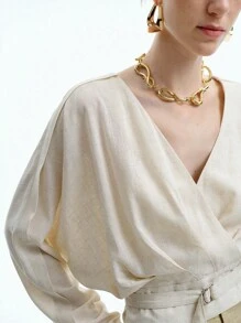 SHEIN Stylify 女士亚麻优雅办公室通勤度假休闲 V 领落肩袖衬衫，配有可调节腰带，长袖衬衫 - 杏色 - 查看 5