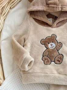 2pcs Baby Boy Cute Bear Pattern Embroidered Long Sleeve Pajamas Set With Long Pants, Soft & Comfortable Double-Sided Flannel Sleepwear Suit, For Autumn/Winter