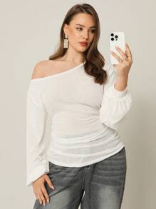Auralis Plus Size Fall Women Clothes Teacher For Women ,Business Casual Woman, Women's Solid Color Pleated Asymmetrical Shoulder White See, Through Casual Long Sleeved T-Shirt, Back To School, Y2k, Cute Tops, Going Out Tops Women, Office For Women,Y2k Clothes, Gym Tops, Work For Women, Work Clothes Women, Streetwear, White For Women, Basic Tops, Oversized Women T Shirts, Teacher ,Tops For School, Airport For Women Casual Top