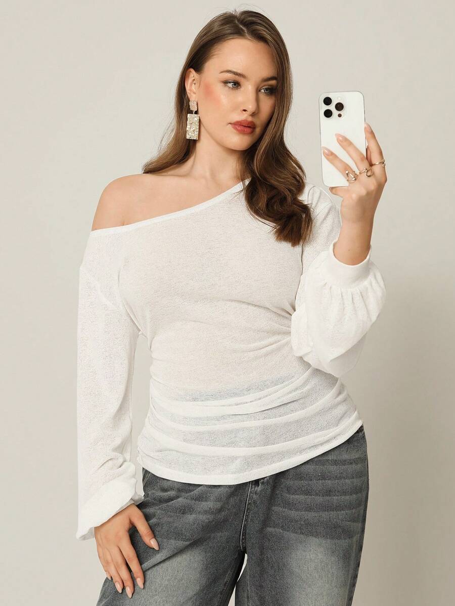 Auralis Plus Size Fall Women Clothes Teacher For Women ,Business Casual Woman, Women's Solid Color Pleated Asymmetrical Shoulder White See, Through Casual Long Sleeved T-Shirt, Back To School, Y2k, Cute Tops, Going Out Tops Women, Office For Women,Y2k Clothes, Gym Tops, Work For Women, Work Clothes Women, Streetwear, White For Women, Basic Tops, Oversized Women T Shirts, Teacher ,Tops For School, Airport For Women Casual Top