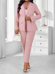 SHEIN Lady 春、夏、秋、冬 优雅 派对 通勤 婚礼 情人节 鸡尾酒会 办公室 音乐会/音乐节 粉色针织蕾丝翻领 撞色蕾丝 金色纽扣 假口袋 长袖 加大码 人造毛皮大衣 加大码 西装 - 淺粉色 - 查看 4