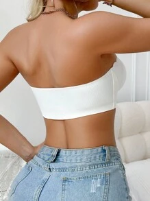 SHEIN 1pc Casual Style Seamless Comfortable Solid Color Ribbed Underwire-Free Padded Wavy Hem Front Closure Push Up Bra For Women - White - View 2