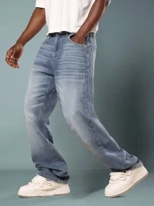 SUMWON引领潮流的喇叭牛仔裤，高腰复古Y2K风格，都市街头风，秋冬阔腿裤，经典五口袋设计，纯色款 - 藍色 - 查看 8