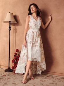 SHEIN Unity Women's Elegant Rose Design French Floral Print Contrast Lace Asymmetrical Dress, Sleeveless - White - View 4