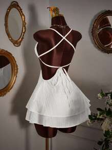 Amplova Women's Solid Color Minimalist Cropped Waist Mini Dress, Casual Everyday Wear White Ruffle Dress,Party Dress