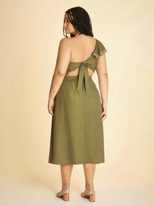 CAJUNI Conjunto de 2 piezas con blusa de cuello asimétrico con volantes y estampado tropical verde, y falda - Ropa bohemia para mujer / Ropa occidental para mujer / Gráfica / Casual - Vestidos de otoño para mujer - Verde - Ver 2