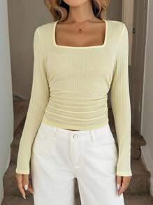 Easowa Rundhals-Tailliert Geraffter Kurzarm T-Shirt, strukturierter Jacquard-Stoff, blassgelbe Farbe, lässiger Urlaubs-Elegant Streetwear für Frauen