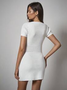 COSMINA Women's Elegant V-Neck Short Sleeve Metal Button Knit Sweater Dress - White - View 2