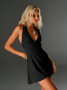 TRNVIE Váy ngắn hở vai màu xanh lá cây dệt jacquard khoét sâu cổ chữ V, phong cách nghỉ dưỡng, xuân/hè - màu đen - Xem 6