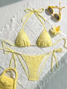 Swim Vcay Women's Solid Color Halter Tie Sexy Bikini Swimwear Set, Summer Beach - Yellow - View 2