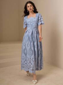 DAZY 优雅蕾丝方领泡泡袖中长连衣裙，适合夏季女士穿着 - 藍色 - 查看 5