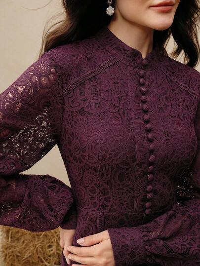 Anewsta Tall Women's New Purple & Burgundy Elegant Lace Flared A-Line Long Sleeve Dress, Spring/Summer