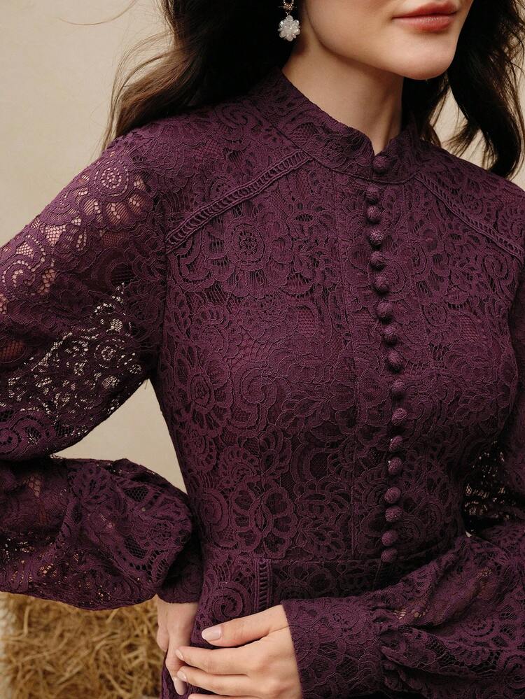 Women's Long Sleeve Lace Burgundy Dress Maxi Women Outfit