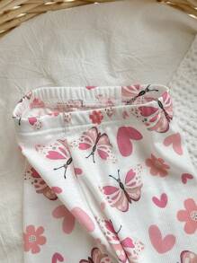 女婴 4 件套蝴蝶图案圆领荷叶边短袖上衣和裤子柔软舒适睡衣套装 - 淺粉色 - 查看 4