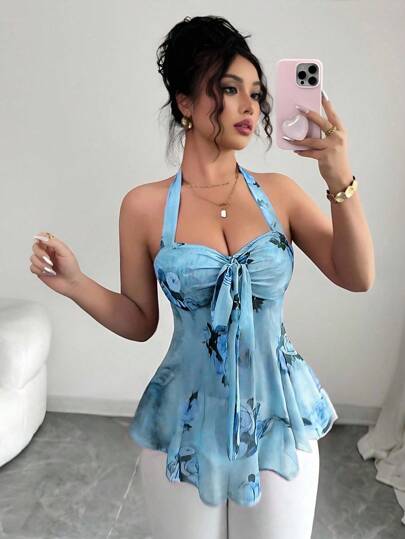 Elenzga Women's Summer Spaghetti Strap Tie Waist Leisure & Holiday Print Elastic Mesh Sheer Sexy Backless Camisole