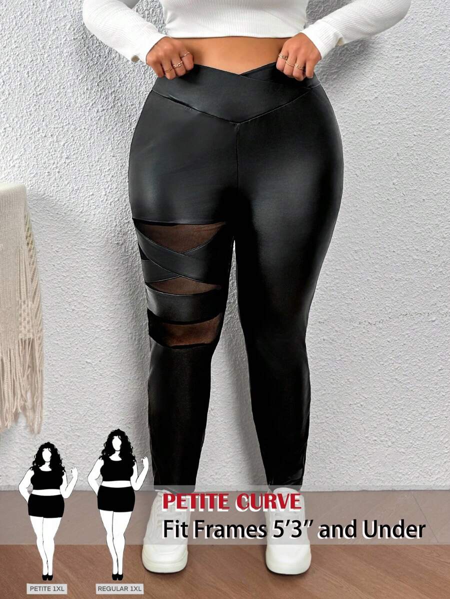 SHEIN PETITE CURVE 大码女式纯色不对称腰部网眼拼布紧身裤 - 黑色 - 查看 1
