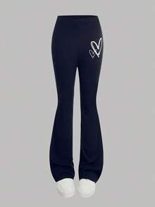 SHEIN Girlism 少女蓝色/秋/冬/针织休闲宽松爱心印花卫衣和喇叭裤两件套 - 藏蓝色 - 查看 6