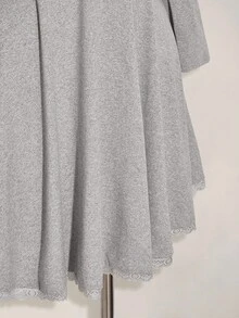 SHEIN ICON Casual All-Match Gray Lace Patchwork Slim Short-Sleeved A-Line Waist Pleated Slim Dress, Back To School Outfit, Y2k, College Style Grey Dress Women Casual Dress Collared Dress Lace Trim Dress Long Sleeve Dress - Grey - View 6
