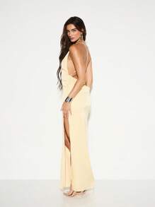 KIZN Elegante vestido de noche largo con espalda descubierta para invitada de boda, con cuello halter, escote en V profundo, largo hasta el suelo, abertura en la pierna, tirantes anudados y cintura recogida - Amarillo - Ver 2