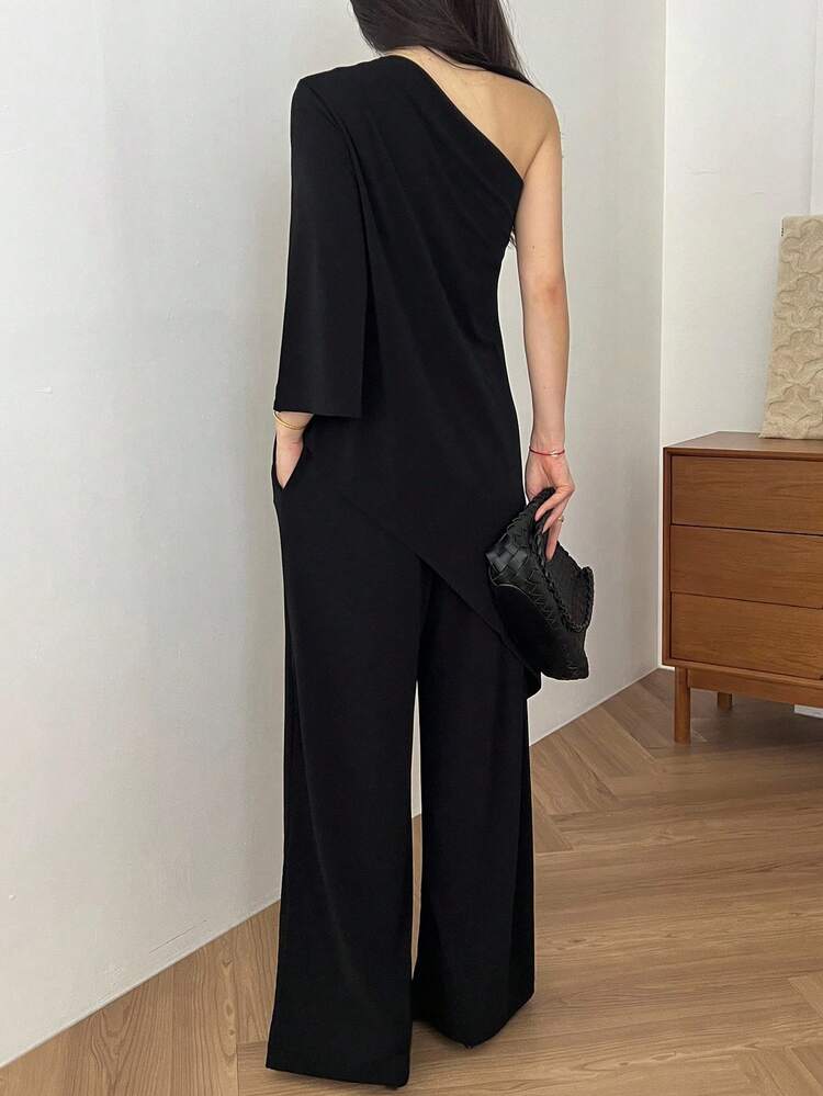 Women's Elegant Commuter Solid Color Oblique Shoulder T-Shirt And Pants 2 Pieces Set