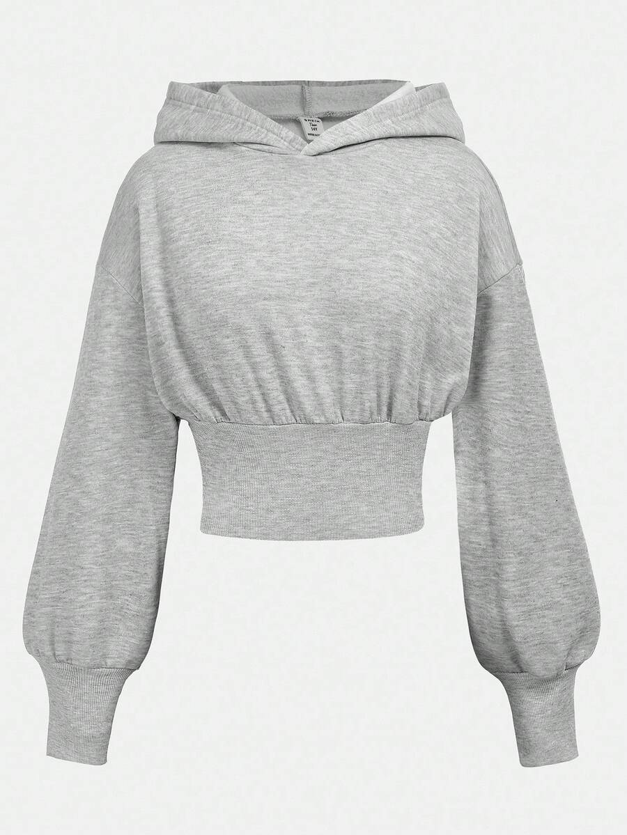 SHEIN Girlism 少女深灰色连帽短款高腰长袖休闲简约纯色运动衫 - 灰色 - 查看 1