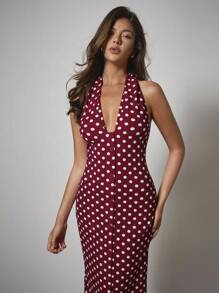 COSMINA 女士优雅V领波点腰带连衣裙，初秋，女士约会夜服装，外出服装，女士生日礼服，婚礼宾客礼服 - 紅色 - 查看 1