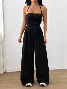 SHEIN Unity 女士休闲褶皱宽松直筒连体裤，适合春季、夏季及所有季节 - 黑色 - 查看 4